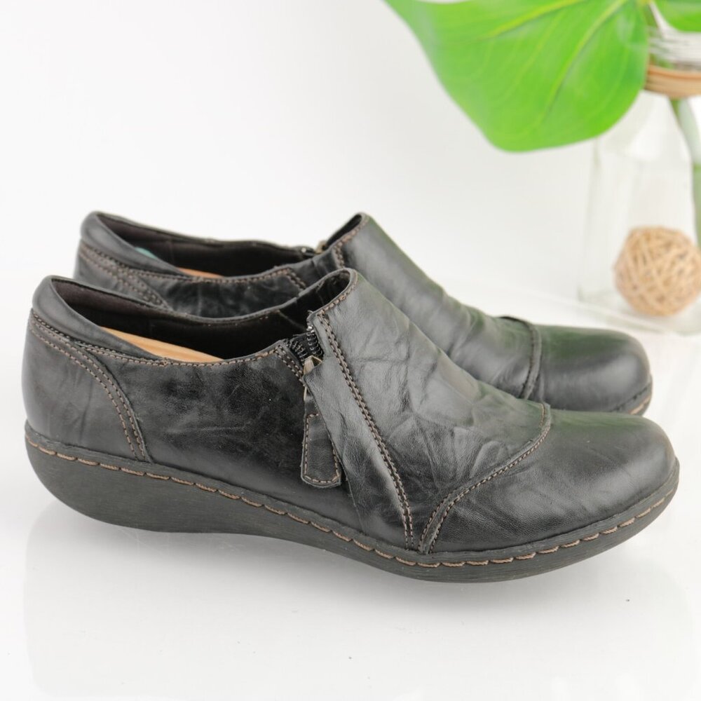 Clarks Womens Un Loop Loafer Shoe Size‎ 9 Black Leather Flat Zip Climate Cooled